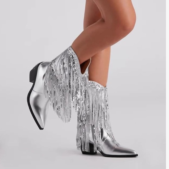 Taylor Swift Shoes - *NEW* TAYLOR SWIFT INSPIRED SILVER SEQUIN FRINGED COWBOY BOOTS 9.5